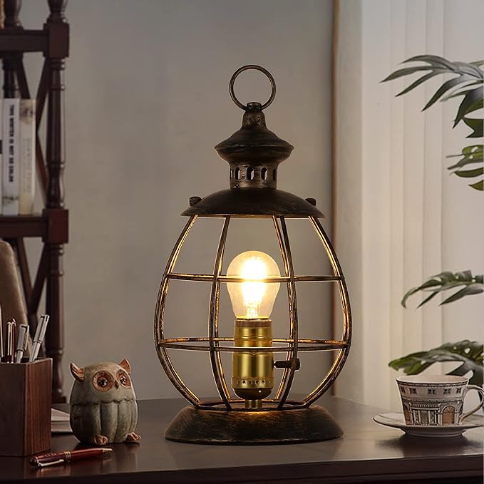 Industrial Metal Lantern Table Lamp - 12.2''H Gold Cage Lampshade Searchlight Standing Lighting Fixtures - Nautical Spotlight Reading Desk Light Decoration for Living Room Bedroom Farmhouse - LeafyLoom