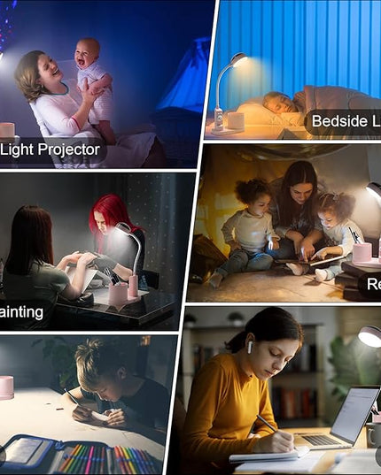 Cute Kids Desk Lamp 2000mAh Rechargeable Kawaii Desk Lamp with Star Projection/Pen Holder, Aesthetic Kids Bedside Lamp with Flexible Gooseneck/ 3 Level Brightness/Eye-Caring for Reading, Pink - LeafyLoom