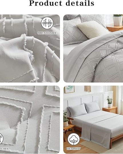 7 Pieces Tufted Bed in a Bag King Comforter Set with Sheets Light Grey, Soft and Embroidery Shabby Chic Boho Bohemian, Solid Color with Diamond Pattern, Jacquard Tufts Bedding Set for All Season - LeafyLoom
