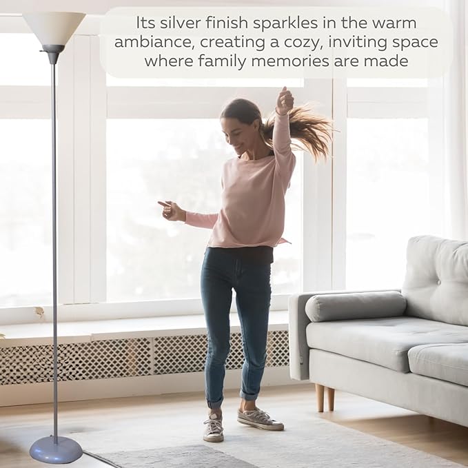 Stand Up Floor Lamp in Silver - Stylish and Functional Torchiere with Opal White Cone Shade, 70-Inch Tall Lamp Ideal for Living Rooms and Bedrooms - Contemporary Floor Lamps for Living Room - LeafyLoom