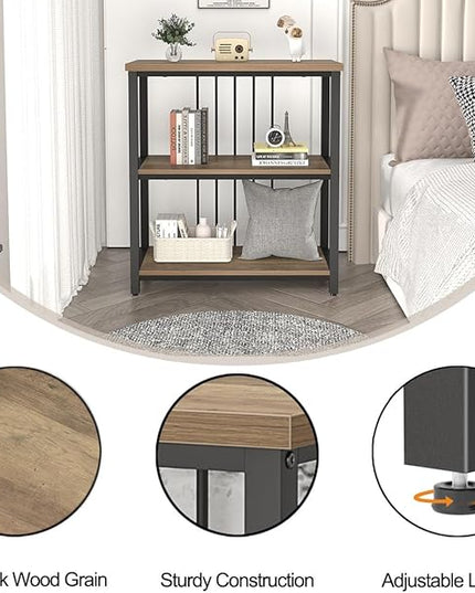 FOLUBAN Small Bookshelf and Bookcase, 3 Tier Open Book Shelf, Modern Metal and Wood Shelving Unit for Living Room Bedroom, Oak - LeafyLoom