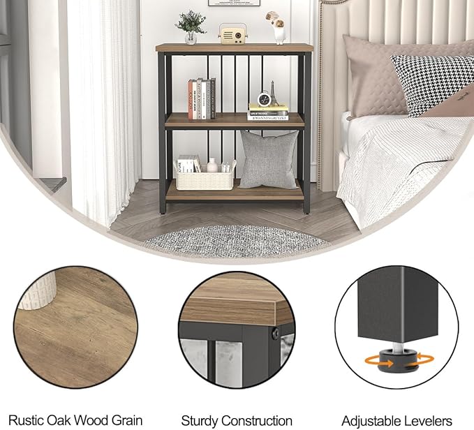 FOLUBAN Small Bookshelf and Bookcase, 3 Tier Open Book Shelf, Modern Metal and Wood Shelving Unit for Living Room Bedroom, Oak - LeafyLoom