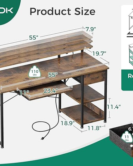 AODK Computer Desk with Keyboard Tray, 55 Inch Office Desk with Power Outlet, Work Desk with Drawer, Reversible Desk with Adjustable Monitor Shelf and Storage Shelf for Home, Rustic Brown - LeafyLoom