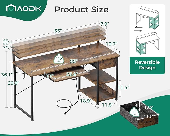 AODK Computer Desk with Keyboard Tray, 55 Inch Office Desk with Power Outlet, Work Desk with Drawer, Reversible Desk with Adjustable Monitor Shelf and Storage Shelf for Home, Rustic Brown - LeafyLoom