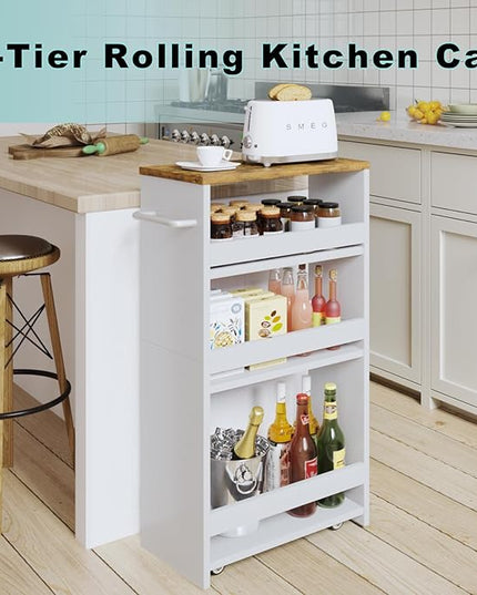 MARTY Rolling Storage Cart 7.9" W, 4-Tier White Kitchen Cart on Wheels, Slim Storage Cart with Handle for Laundry Narrow Places Bathroom Small Corner - LeafyLoom