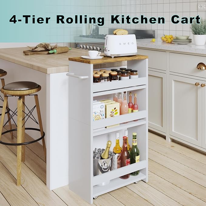 MARTY Rolling Storage Cart 7.9" W, 4-Tier White Kitchen Cart on Wheels, Slim Storage Cart with Handle for Laundry Narrow Places Bathroom Small Corner - LeafyLoom