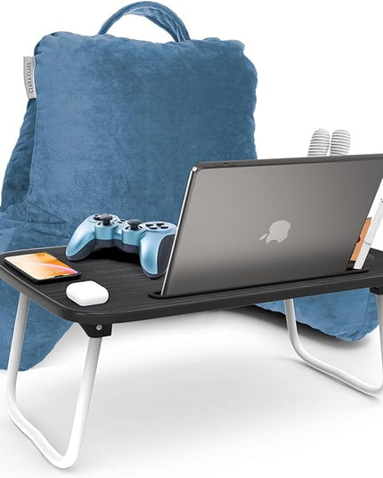 Clara Clark Reading Pillow with Portable Lap Desk Set for Kids, Back Pillow for Sitting Up in Bed, Memory Foam Back Support Pillow, Bed Rest Pillow with Foldable Laptop Desk, Small - Blue Heaven - LeafyLoom