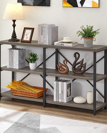 BON AUGURE Rustic Console Table Behind Sofa, Industrial Entryway Table with Storage Shelves, 3 Tier Long Bookshelf for Entry (55 Inch, Dark Grey Oak) - LeafyLoom