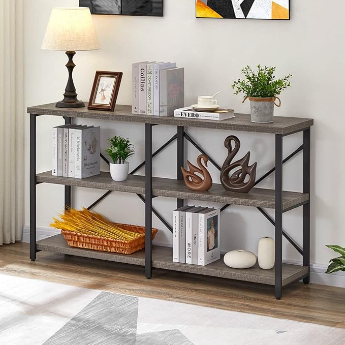 BON AUGURE Rustic Console Table Behind Sofa, Industrial Entryway Table with Storage Shelves, 3 Tier Long Bookshelf for Entry (55 Inch, Dark Grey Oak) - LeafyLoom