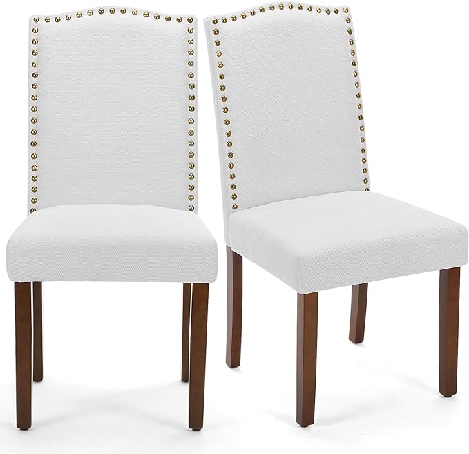 MCQ Upholstered Dining Chairs Set of 2, Modern Upholstered Fabric Dining Room Chair with Nailhead Trim and Wood Legs, Mid-Century Accent Dinner Chair for Living Room, Kitchen, Grey - LeafyLoom