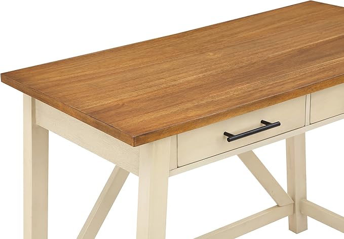 OSP Home Furnishings Milford Rustic 42 Inch Writing Desk with 2 Drawers and Burnished Decorative Hardware, Antique White - LeafyLoom