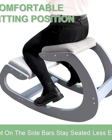 Ergonomic Kneeling Chair for Upright Posture - Rocking Chair Knee Stool for Home, Office & Meditation - Wood & Linen Cushion - Relieving Back and Neck Pain & Improving Posture (Grey) - LeafyLoom