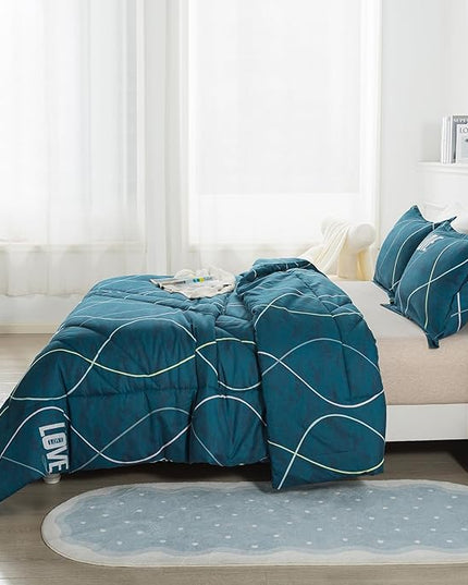 Blue Green Comforter Set Twin Size, 2 Pieces Modern Lines Pattern with Love, Soft Microfiber Bedding Comforter Set, Down Alternative Comforters for All Season (68 * 90’’) - LeafyLoom