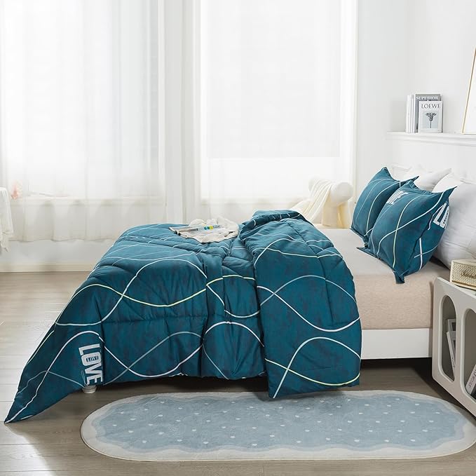 Blue Green Comforter Set King Size, 3 Pieces Modern Lines Pattern with Love, Soft Microfiber Bedding Comforter Set, Down Alternative Comforters for All Season (104 * 90’’) - LeafyLoom