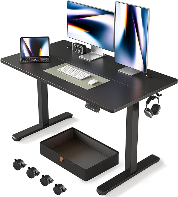 FEZIBO 48 x 24 Inches Standing Desk with Drawer, Adjustable Height Electric Stand up Desk with Storage, Sit Stand Home Office Desk, Ergonomic Computer Desk, Black - LeafyLoom