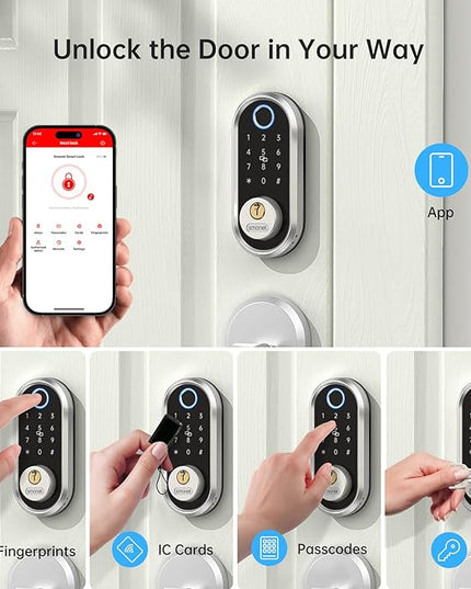 Smart Deadbolt, SMONET Fingerprint Electronic Deadbolt Door Lock with Keypad-Bluetooth Keyless Entry Front Door Digital Keypad App Control, Ekeys Sharing, App Monitoring Auto Lock for Homes and Hotel SMONET