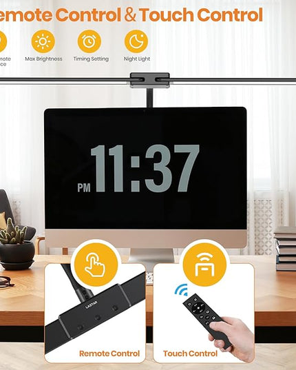 LASTAR LED Desk Lamp with Remote Control ＆ 32.5" Wide Double Head, Architect Desk Lamp for Home Office with Clamp, Timer, 24W Ultra Bright Gooseneck Desk lamp for Computer Reading, Black - LeafyLoom