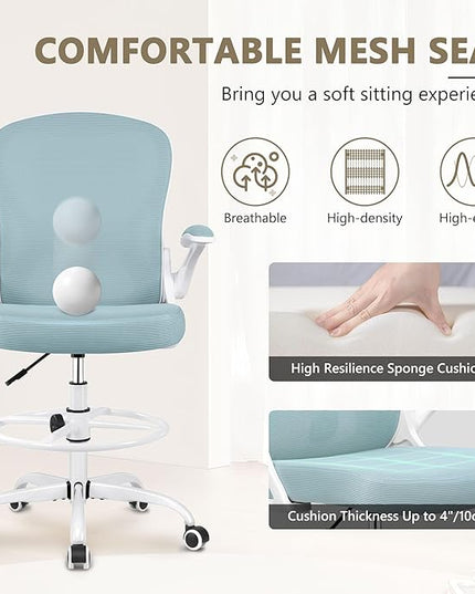 Drafting Chair, Tall Office Chair Ergonomic Standing Desk chair, Lumbar Support Computer Chair Swivel Task Rolling Chair with Adjustable Flip-up Armrests & Foot Ring (Light Blue) - LeafyLoom