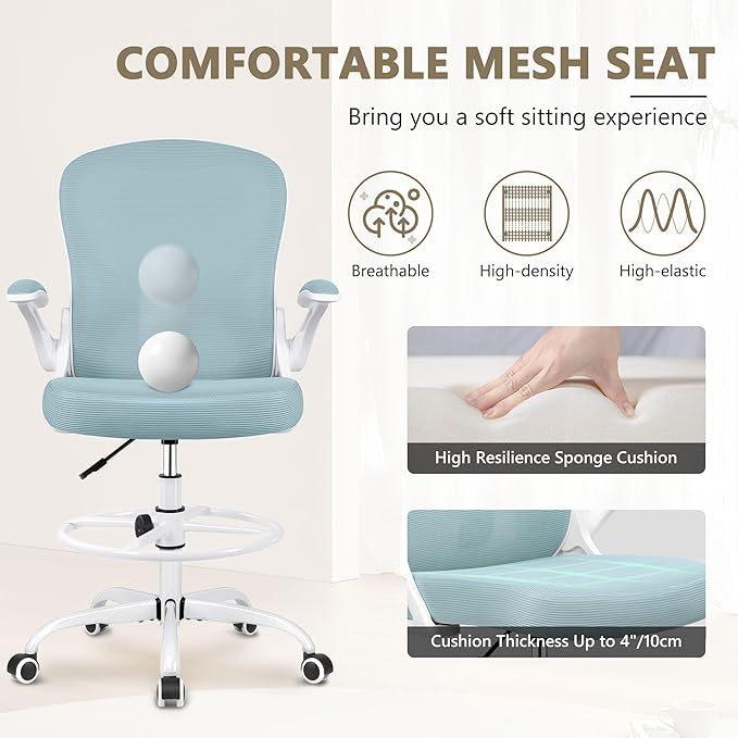 Drafting Chair, Tall Office Chair Ergonomic Standing Desk chair, Lumbar Support Computer Chair Swivel Task Rolling Chair with Adjustable Flip-up Armrests & Foot Ring (Light Blue) - LeafyLoom