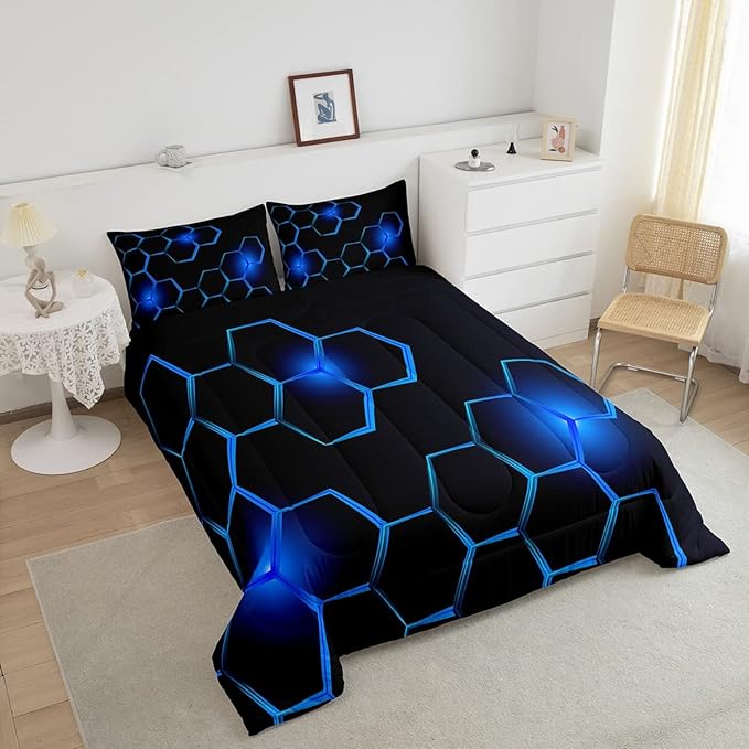 Honeycomb Kids Comforter Set Modern Geometry Hexagon Bedding Set for Boys Children Teens Bedroom Decor Geometrical Comforter Beehive Geometric Black Blue Duvet Set Twin Size with 1 Pillow Case - LeafyLoom