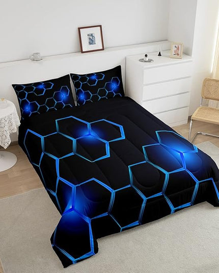 Honeycomb Kids Comforter Set Modern Geometry Hexagon Bedding Set for Boys Teens Decor Geometrical Comforter Beehive Geometric Black Blue Duvet Set King Size with 3 Pillow Case Boys - LeafyLoom