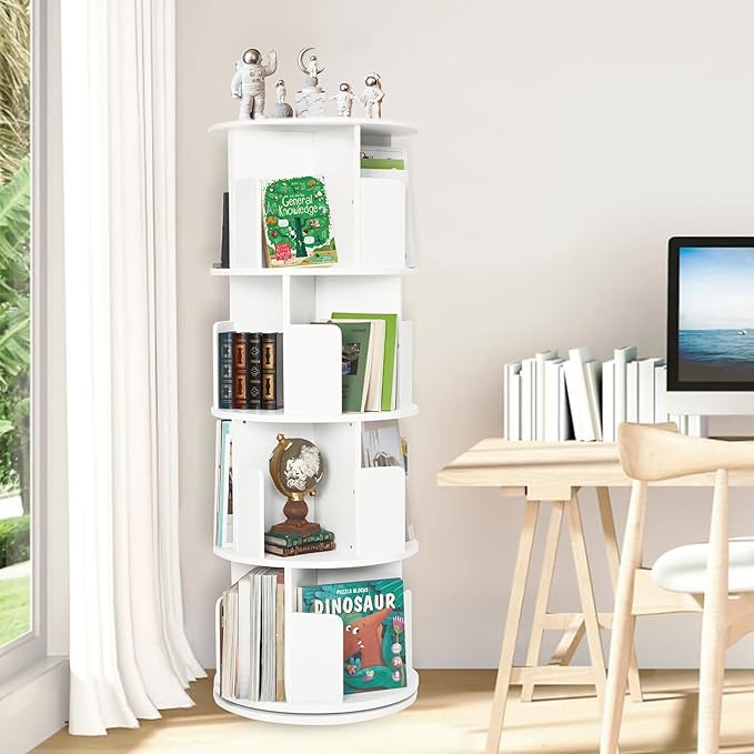 Rotating Bookshelf,Wood Corner Bookshelf 4 Tier 360 Display Spinning Bookshelf Floor Standing Bookcase Stackable Bookshelf Storage Rack Organizer for Small Space Bedroom Living Room Study Room - LeafyLoom