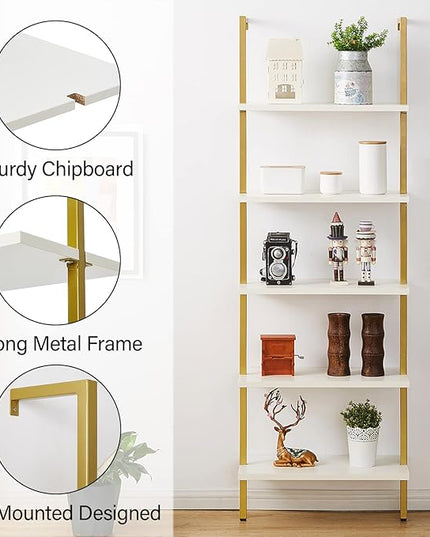 SUPERJARE Modern Ladder Shelf, 5-Tier Open Wall-Mounted Bookshelf with Stable Metal Frame, 72 Inches Storage Rack Shelves, Stand Bookcase for Home Office - White/Gold - LeafyLoom