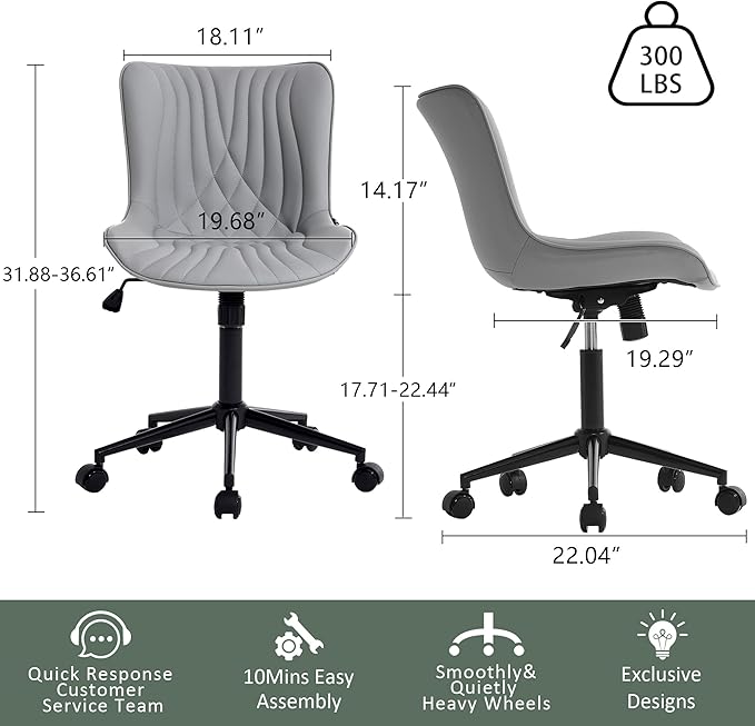 YOUTASTE Office Chair Modern Armless Desk Chair, Height Adjustable Swivel Rocking Computer Task Chair, Faux Leather Sewing Chair with Wheels, Stylish Lounge Vanity Chair,Grey - LeafyLoom