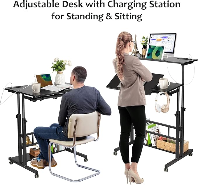 Hadulcet Stand Up Desk, Rolling Desk Adjustable Height, Mobile Standing Desk with Wheels & Charging Station, Portable Desk for Laptop, Rolling Computer Cart TV Tray, Small Standing Desk Drawing Desk - LeafyLoom