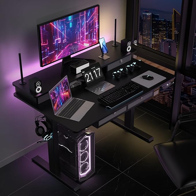 48 * 30 Inches Electric Standing Widened Desk Adjustable Height with 4 Drawers, Double Storage Shelves Stand Up Desk, Home Office Workstation Sit Stand up Desk (Classical Black) - LeafyLoom