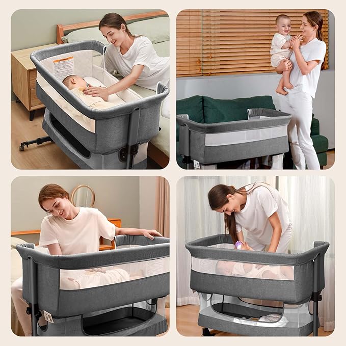 Baby Crib,3 in 1 Baby Bassinet Bedside Crib Adjustable Portable Bed for Infant,Baby Newborn Must Have Bed,Grey - LeafyLoom