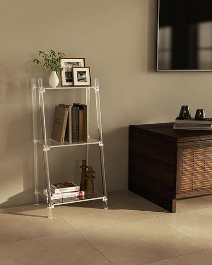 Small Acrylic Ladder Bookshelf, 3 Tier Clear Bookcase, Multipurpose Book Shelf for Living Room, Bathroom, Office, Modern, 11.6" D x 15.6" W x 32" H - LeafyLoom