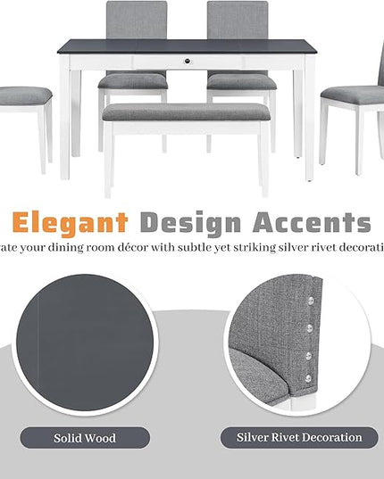 Dining Table Set for 6 with Drawer, Kitchen Table Set with Storage Table, Dining Room Table Set with Storable Bench and Upholstered Chairs for Living Room, Gray+White - LeafyLoom