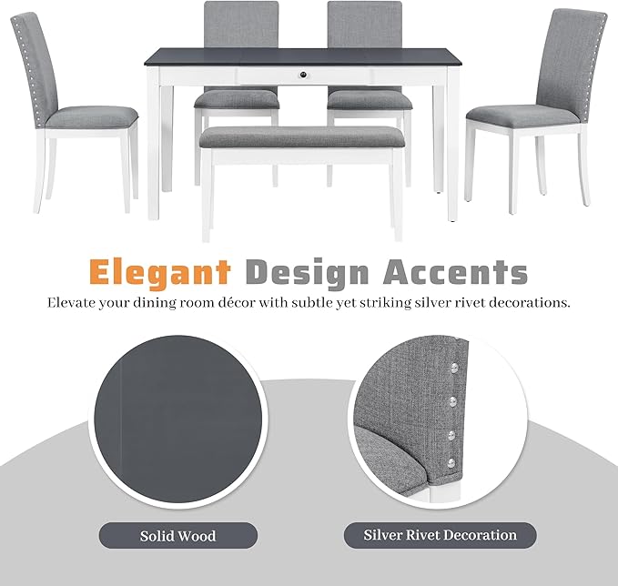 Dining Table Set for 6 with Drawer, Kitchen Table Set with Storage Table, Dining Room Table Set with Storable Bench and Upholstered Chairs for Living Room, Gray+White - LeafyLoom