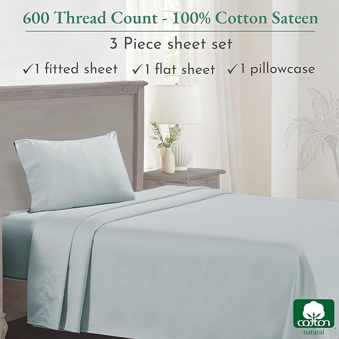 California Design Den Luxury Twin Sheet Set - 100% Cotton, 600 Thread Count Deep Pocket Twin Sheets, Soft Hotel-Quality Bedding with Sateen Weave - Seafoam - LeafyLoom