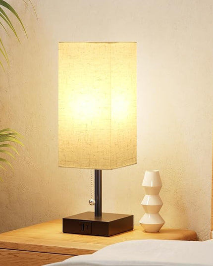 aooshine Bedside Lamps Set of 2 - Beige, USB A and USB C Charging, Pull Chain Control, Bulb NOT Included, Small - LeafyLoom