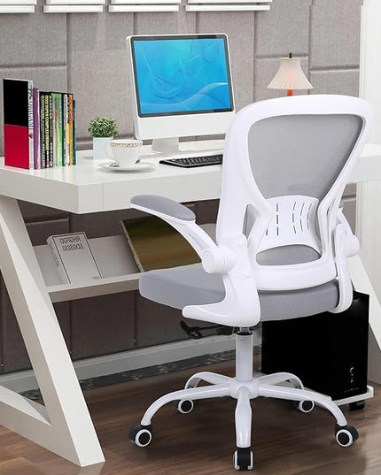 Mesh Office Chair, Ergonomic Computer Chair with Flip-up Arms and Lumbar Support, Height Adjustable Home Office Desk Chairs, Grey - LeafyLoom