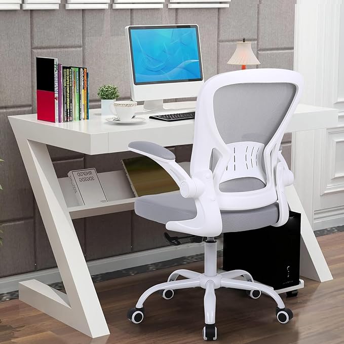 Mesh Office Chair, Ergonomic Computer Chair with Flip-up Arms and Lumbar Support, Height Adjustable Home Office Desk Chairs, Grey - LeafyLoom