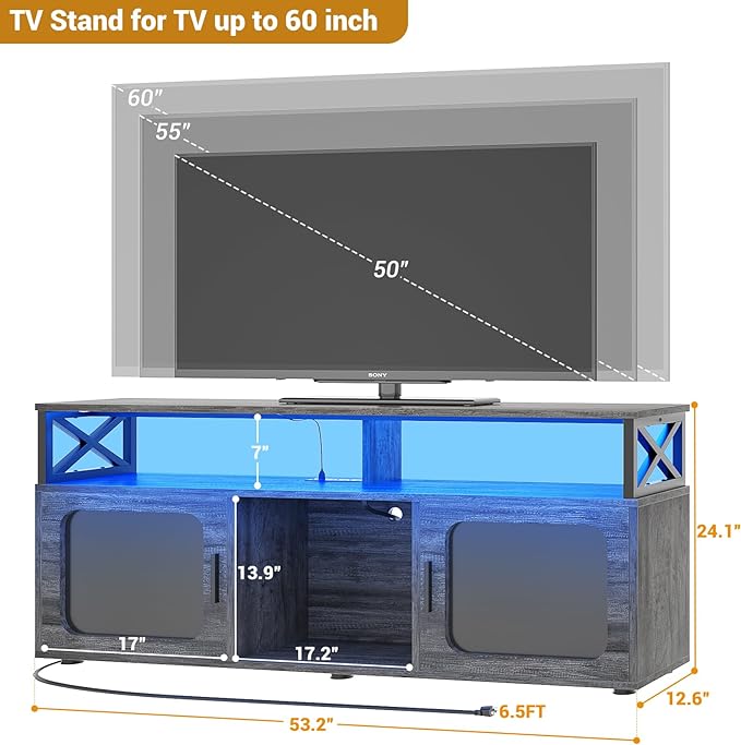 Aheaplus TV Stand for 55 60 Inch TV, Entertainment Center with LED Light & Charging Station, TV Console Table, Large Media Console Cabinet w/Soundbar Shelf, for Living Room, Bedroom, Black Oak - LeafyLoom