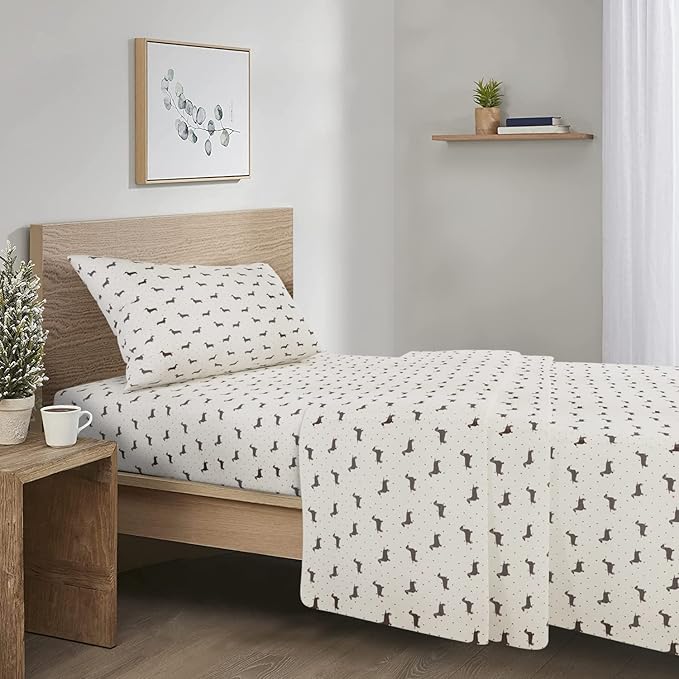 Comfort Spaces Cotton Flannel Breathable Warm Deep Pocket Sheets with Pillow Case Bedding, Twin XL, Black Dog 3 Piece - LeafyLoom