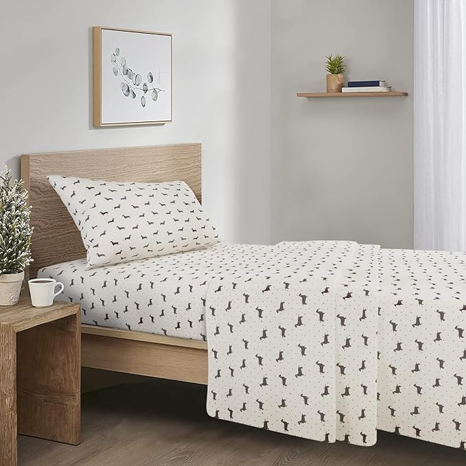 Comfort Spaces Cotton Flannel Breathable Warm Deep Pocket Sheets with Pillow Case Bedding, Twin, Black Dog 3 Piece - LeafyLoom