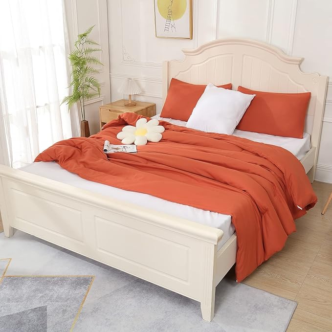 Terracotta Comforter for Queen Size Bed, Full Aesthetic Modern Burnt Orange Bedding Set for Women, Cute Soft & Lightweight Chic Microfiber Bed Sets, 3 pcs-1 Comforter & 2 Pillowcases (90“x90”) - LeafyLoom