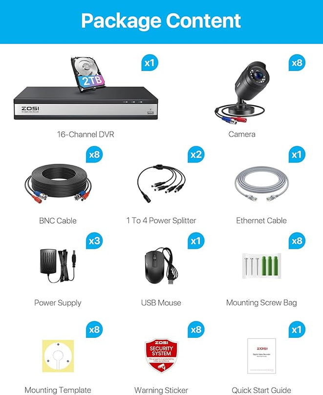 ZOSI 3K Lite 16CH Security Camera System with AI Human Vehicle Detection,Night Vision,8pcs Wired 1080P Outdoor Indoor Weatherproof Cameras,H.265+ 16 Channel CCTV DVR with 2TB HDD for 24/7 Recording ZOSI
