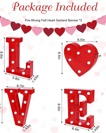 Tifeson Valentines Day Decor - 4 Led Marquee Light Up Letters “Love” Lights + 2 Packs Felt Heart Garland Banners for Home Valentines Table Mantel Wedding Party Decorations (Batteries Not Included) - LeafyLoom