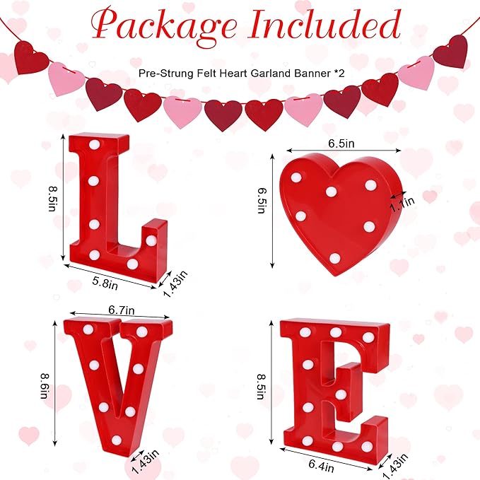 Tifeson Valentines Day Decor - 4 Led Marquee Light Up Letters “Love” Lights + 2 Packs Felt Heart Garland Banners for Home Valentines Table Mantel Wedding Party Decorations (Batteries Not Included) - LeafyLoom