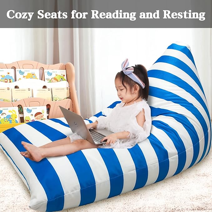 Jorbest Bean Bag Stuffed Animal Storage, Luxury Velvet Bean Bag Covers Only without Filling, Stuffed Animal Bean Bag Storage, Bean Bag Chair for Adults and Kids, (Stripe White Blue, 200L/52 Gal) - LeafyLoom