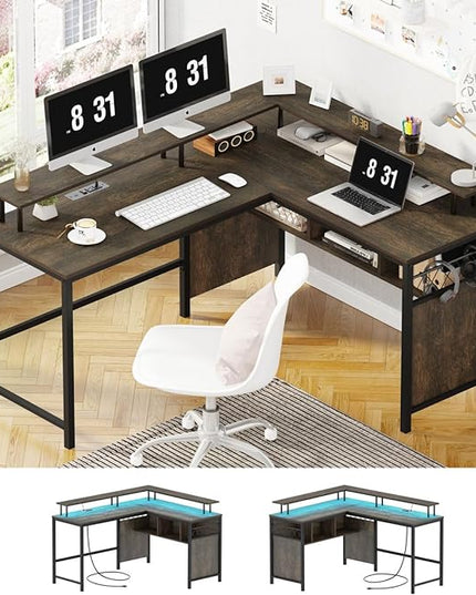 Industrial Home Office Desk with Storage, L Shaped Desk with Power Outlet, Reversible Computer Desk with Monitor Stand, Corner Gaming Desk with Led Lights (Walnut Brown) - LeafyLoom