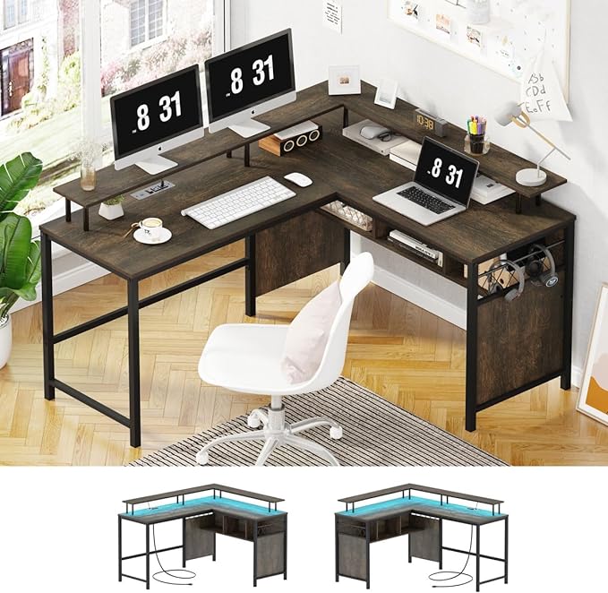 Industrial Home Office Desk with Storage, L Shaped Desk with Power Outlet, Reversible Computer Desk with Monitor Stand, Corner Gaming Desk with Led Lights (Walnut Brown) - LeafyLoom