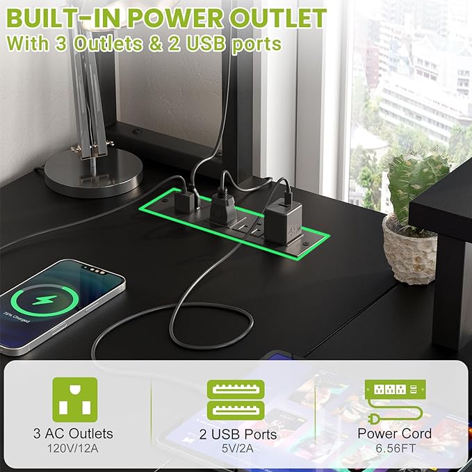 Small L Shaped Desk Gaming Desk with Power Outlets, 48" Reversible L Shaped LED Computer Desk with Monitor Stand & Storage Shelf, Corner Gamer Desk Home Office Desk with Storage Bag, Black - LeafyLoom