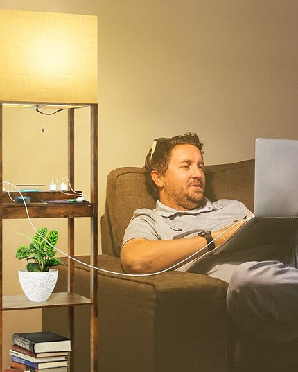 RUNTOP Floor Lamp with Shelves, Plus Shelf Lamp with Wireless Charger, 2 USB Port and Outlet, 1 Drawer, 15W LED Bulb, 3 Colors, Memory Function, Floor Lamps for Living Room, Standing Lamp for Bedroom - LeafyLoom